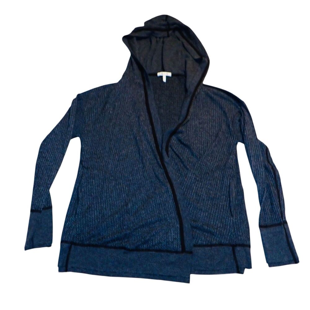Three Dots Cardigan Medium M Hooded Open Front Ribbed Knit Lightweight Black